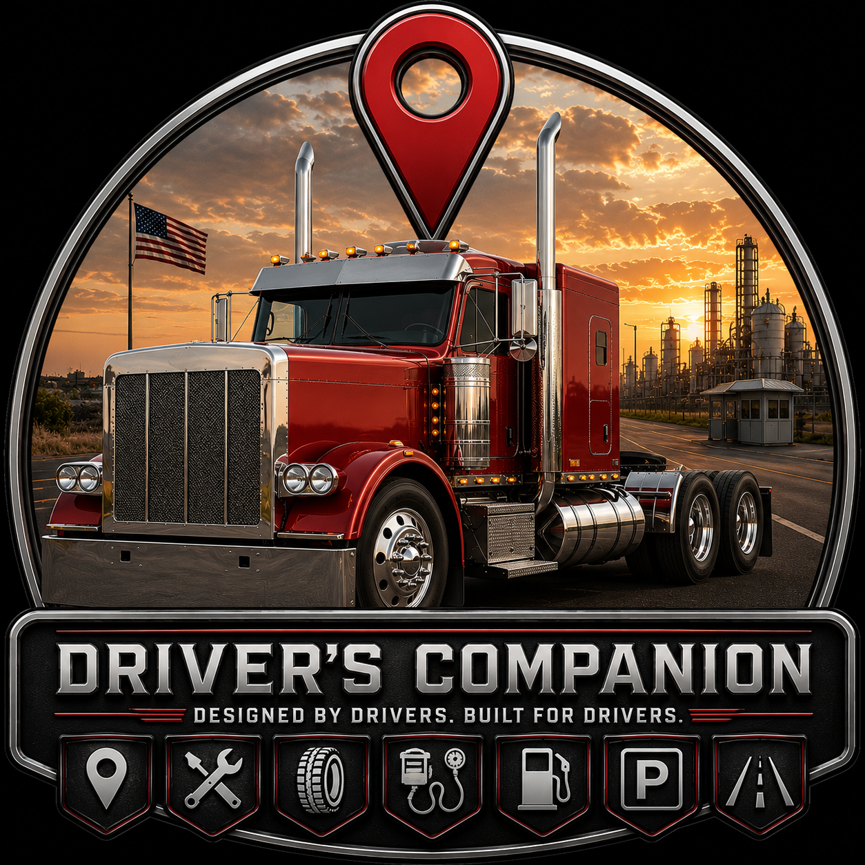 Driver's Companion logo featuring a red classic semi truck, location marker, and driver service icons